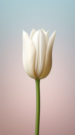 Opened bud of unusual white tulip Flower with fringed on natural foliage green background spring mood : Generative AIの素材