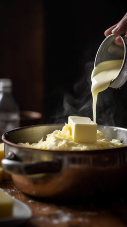 Making cheese from goat milk at home Female and stir cheese sourdough with a spoon in a saucepan Technology of cooking cheese Cheesemaking processes Cooking concept : Generative AIの素材