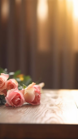 Flowers Bouquet of capuchino roses on wooden table Vintage Valentine Floral background : Generative AIの素材