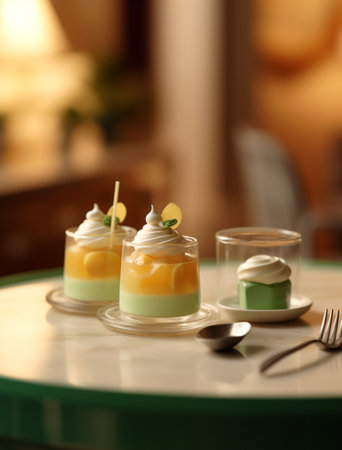 Mini mousse pastry dessert covered with green velour on garland lamps bokeh background Modern european cake French cuisine Christmas theme : Generative AIの素材