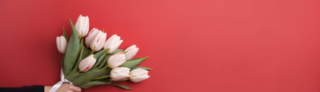 Crimson color tulips in woman hand Spring bouquet of red tulips in hands Bunch of fresh cut spring flowers : Generative AIの素材