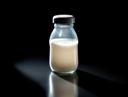 Milk is from jug bottle into the glass on black background : Generative AIの素材