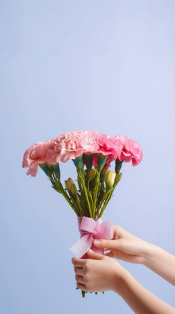 Mono bouquet Bunch of carnation flowers rich pink color Spring bunch in woman hand Present for Mothers Day : Generative AIの素材