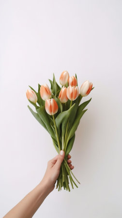 Pink pastel color tulips in woman hand Young beautiful woman holding a spring bouquet Bunch of fresh cut spring flowers in female hands : Generative AIの素材