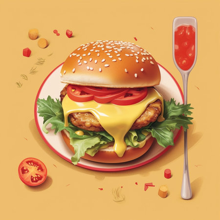 Tasty Cheeseburger in the restaurant Sesame bun meat Patty tomato lettuce and pickle Served with French fries : Generative AIの素材