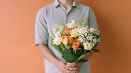 Small flower shop and Flowers delivery Flower arrangement in Wicker basket Beautiful bouquet of mixed flowers in woman hand Handsome fresh bouquet : Generative AIの素材