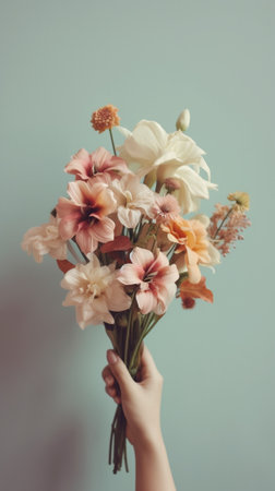 Two Beautiful bouquets of mixed flowers in womans hands the work of the florist at a flower shop Delicate Pastel color Fresh cut flower Green and pink color : Generative AIの素材