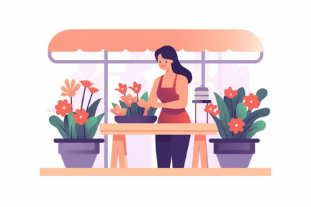 The concept of ordertaking and delivery working table in flower shop Girl assistant or owner in floral design studio making decorations and arrangements : Generative AIの素材
