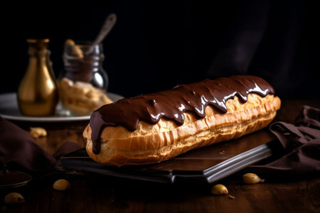 Traditional french eclairs with chocolate A young woman drinks coffee cappuccino in a restaurant and eats dessert Cake decorated with vanilla cream and chocolate frosting : Generative AIの素材