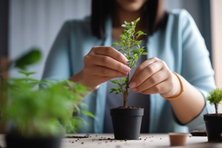 Woman transplanting a fern a houseplant Concept of home garden Flower and garden shop : Generative AIの素材