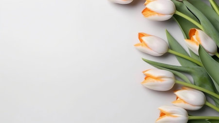 White Fresh Spring Tulips Botanical Art Floral Background Round Frame Wreath Wild Flowers Concept Womans day Greeting Card Mothers Day Valentines Grey Table : Generative AIの素材