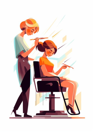 Young woman and hairdresser with fan making hot styling at hair salon : Generative AIの素材