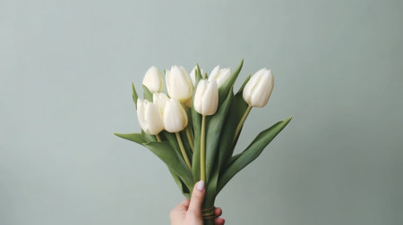 beautiful luxury bouquet of white tulips flowers in woman hand the work of the florist at a flower shop cute lovely girl : Generative AIの素材