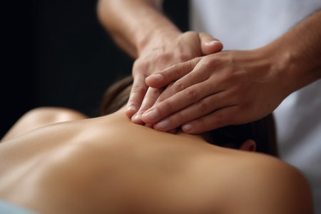 closeup pours oil in the palm Osteopath doing manipulative massage on female abdomen Man hands massaging femaleTherapist applying pressure on belly Spa centre concept : Generative AIの素材