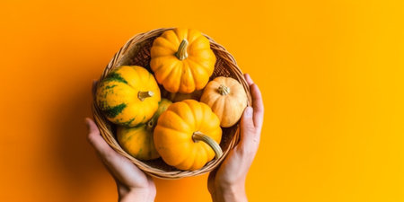 Wicker basket full of pumpkins Young woman is holding a basket with white and orange pumpkins : Generative AIの素材