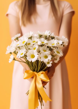 happy women narcissus beautiful flowers in womans hand bouquet of delicate yellow color the work of the florist at a flower shop : Generative AIの素材