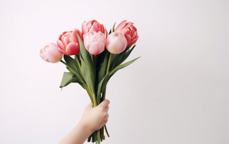 beautiful spring bouquet Young girl holding a flowers arrangements with various of colors white wall : Generative AIの素材
