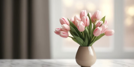 closeup beautiful luxury bouquet of pink tulips flowers on table the work of the florist at a flower shop : Generative AIの素材