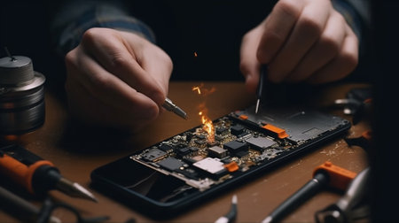 Work with a soldering iron Microelectronics device Closeup hands of a service worker repairing modern smartphone Repair and service concept : Generative AIの素材
