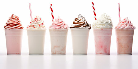 five glasses of various milkshakes chocolate strawberry and vanilla isolated on white background : Generative AIの素材