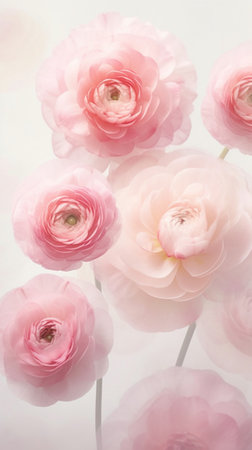 many layered petals Persian buttercup Bunch pale pink ranunculus flowers light background Wallpaper Vertical photo : Generative AIの素材
