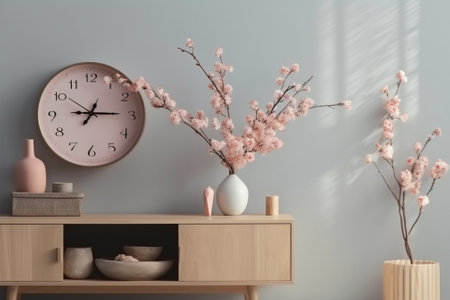 spring mood Vintage interior decoration pink pastel closet Dry anf fresh flowers on wooden table A large clock on a white wall copy space : Generative AIの素材