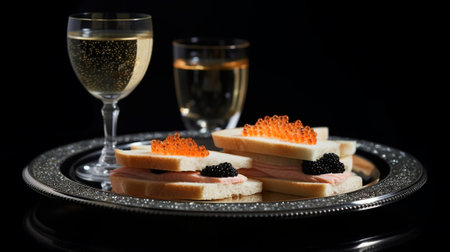 the buffet at the reception Assortment of canapes Banquet service catering food snacks with salmon and caviar rye wheat bread : Generative AIの素材