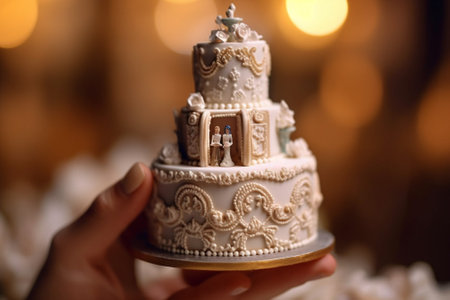 the couple cut the cake the bride takes a piece Image of a beautiful wedding cake at wedding reception : Generative AIの素材