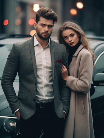 Handsome young couple in front of a hotel entrance : Generative AIの素材