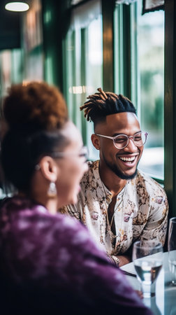 Making her laugh couple having drinks at the cafe : Generative AIの素材