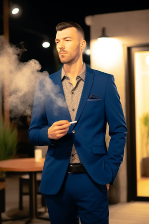 Handsome man lighting up cigar in a cafe bar : Generative AIの素材