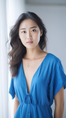 Beautiful young woman in blue nightie : Generative AIの素材