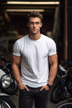 Handsome young man standing by his bike : Generative AIの素材