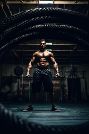 Men with battle ropes exercise in the fitness gym : Generative AIの素材