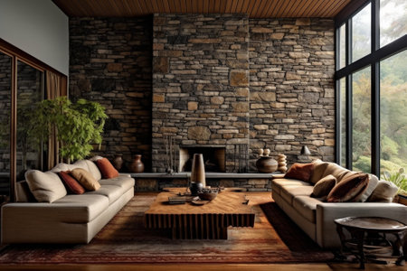Living room interior with stone wall and fireplace : Generative AIの素材