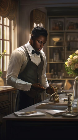 Waiter pouring water from bottle in the restaurant : Generative AIの素材