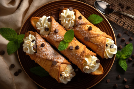 Chocolate and banana spring rolls bite size treats filled with banana and chocolate served with cream : Generative AIの素材