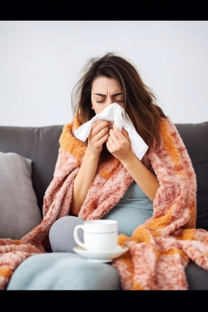 Sick woman measuring body temperature : Generative AIの素材