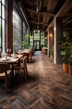 Interior of an empty large hotel restaurant with brick walls : Generative AIの素材