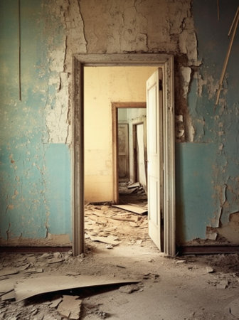 Doorway corridor in old apartment building : Generative AIの素材