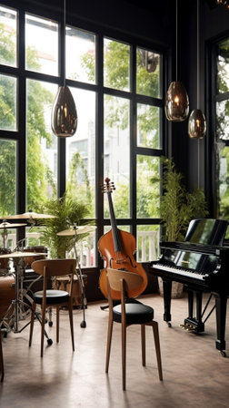 Interior of a modern hotel cafe restaurant with piano : Generative AIの素材