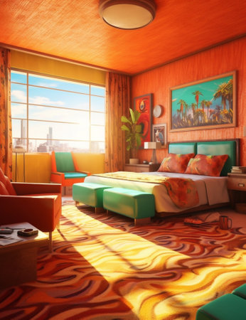 Interior of a hotel room with colorful carpet : Generative AIの素材