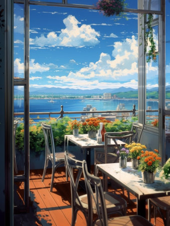 Interior of a summer restaurant terrace : Generative AIの素材