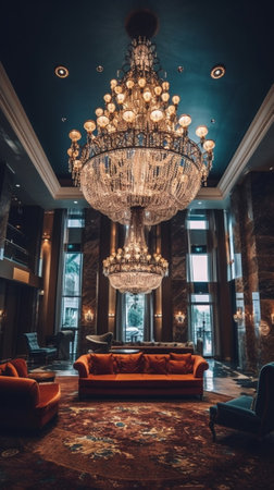 Large crystal chandelier in hotel lobby : Generative AIの素材