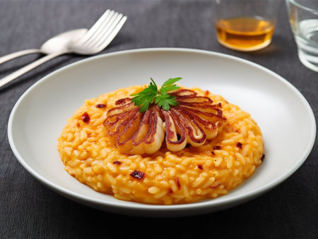 Risotto safran gamberi served on white plate : Generative AIの素材