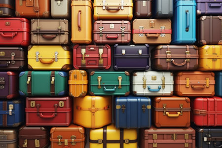 Travel concept Wall of vintage suitcases background : Generative AIの素材