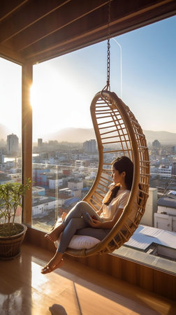 Beautiful woman drinking coffee on the hotel terrace in hanging egg chair : Generative AIの素材