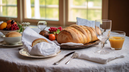 Breakfast served on a round table in a hotel restaurant : Generative AIの素材