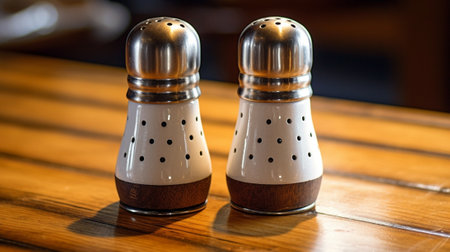 Salt pepper oil and vinegar spice holder with napkins on the restaurant table : Generative AIの素材