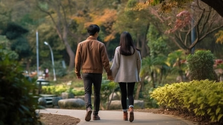 Couple walking in the park holding hands : Generative AIの素材